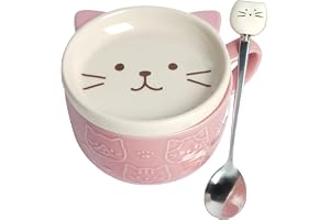 HOTUT Söt Kawaii rosa katt kaffemuggar med lock, sött djur kaffe te kopp tefat set, Kawaii keramiska muggar med kakhållare oc