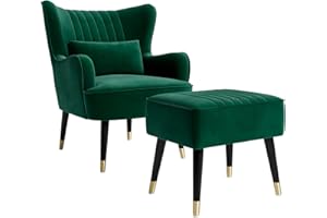 Vesgantti Velvet Armchair with Footstool and Lumbar Pillow, Modern Wing Back Accent Chair with Ottoman, Large Cuddle Chair for Living Room Bedroom Study Room Office(Green)