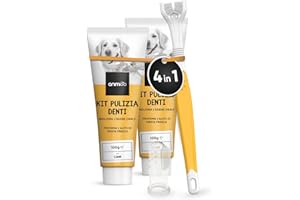 ANIMIGO Spazzolino per Cani a 3 Teste + Spazzolino Per Cani da Dito + 2 Dentifricio per Cani, Kit per Pulizia Denti Cane, Spazzolino e Dentifricio per Cani Antitartaro, Spazzolino Cane per Alito Cane Fresco