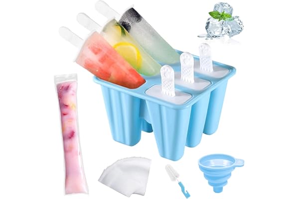 AmzKoi Moulle a Glace en Silicone sans PBA, Ice Pop Mold avec Pinceau de Nettoyage et Entonnoir de Pliage, pour la Préparation de Popsicles Crèmes Glacées Sorbets (Bleu)