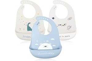 YINGJEE Baberos Impermeables de Silicona para Bebé, 3 Piezas Babero Flexible y Suave para Niñas y Niños Pequeños Unisex, Babero Grande y Ajustable (Oso/Dinosaurio/Astronauta)