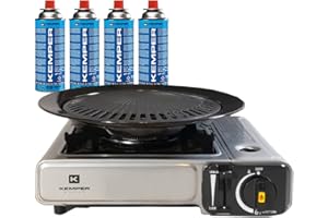 KEMPER - Barbecue Grill 2 en 1 Réchaud gaz piézo 2200 W + Plaque Grill + 4 Cartouches gaz Butane Camping