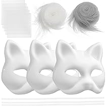 ATBUSS 4 stuks witte kattenmaskers met 4 rode kwastjes, Art Blank Fox kattenmaskers, beschilderbaar doe-het-zelf beschilderde maskers, handbeschilderde maskers voor Halloween, carnaval, maskerade