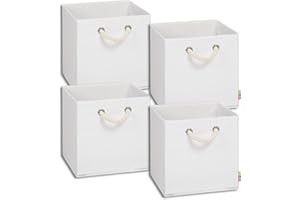 Storanda | 4er Set Aufbewahrungsbox | Kordel Griffband | Stabile & Faltbare Boxen | Regalboxen für Würfelregal Kallax | Ideal für Zuhause & Kinderzimmer | 30x30x30 cm | Weiß