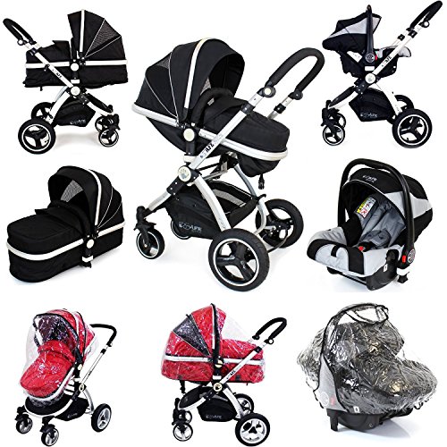i-Safe System - Black Trio Travel System Pram & Luxury Stroller 3 in 1 Complete With Car Seat + Rain Covers