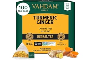 VAHDAM, Turmeric Ginger Tisana (100 Piramidales Bolsitas De Té) Libre De Cafeína | Cúrcuma Y Jengibre, 100% Pura Y Natural | Caliente, Frío O Como Kombucha