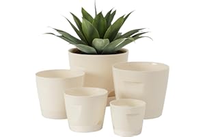Outigu 5 Pack Plastic Planters with Drainage, Self Watering Pots for Indoor Plants, Small Cute Plastic Pots in 5 Sizes, Ideal for Indoor Plants (Cream White)