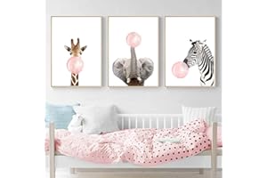 Nordic Ideas 3 pósteres jirafa cebra elefante animal burbuja rosa pósters dormitorio niño niña cuadro decoraciones de pared impresión sobre lienzo sin marco PTAN002-XL