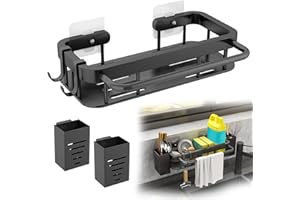 JREHUIG Soporte Estropajo Fregadero de Acero Inoxidable, Multifuncional Soporte con 2 Tubo de Palillos, 2 Ganchos Adecuado, Organizador Cocina Baño (negro 1)