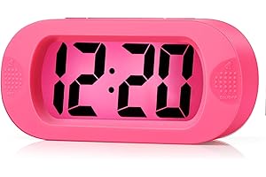 Plumeet Digital Alarm Clock Travel Clock with Snooze and Nightlight - Easy to Set Simple Bedside Alarm Clocks for Kids - Ascending Sound - Battery Powered (Pink)