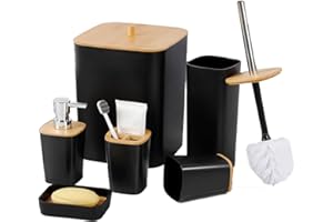 JETAINE 6 Pieces Bamboo Bathroom Accessories set, Luxury Modern Bathroom Accessory Bath Set, Black Toilet Accessories w/Trash Can, Toothbrush Holder Cup, Soap Dish Holder, Soap Dispenser Gift