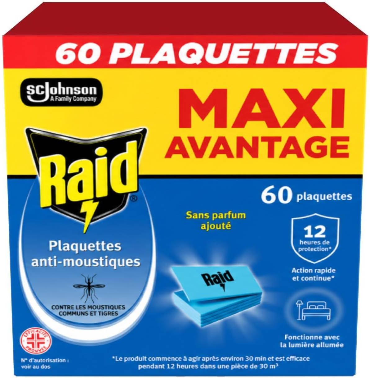 Raid Plaques anti-moustiques, 60 plaques sans odeur pour moustiques communs et tigres, jusqu'à 12 heures de protection, compatibles avec diffuseurs Raid (1)