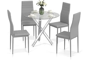Jooli H Dining Table and Chairs Set 4, Round Kitchen Table and 4 Grey Faux PU Leather Chairs Modern Dining Room Furniture Set