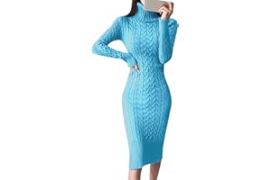 OIUHJN Strickkleid Damen Langärmelige Rollkragenpullover-Kleider für Damen Gestrickte Zopfmuster Figurbetonte Midi-Pullover-Kleider Grobstrickpullover Damen Winterkleid Pulloverkleid Damen Pulli