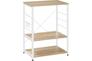 WOLTU Estantería de Cocina de Microondas de Madera y Acero con 3 Estantes 60 x 40 x 82 cm, Blanco + Roble Claro