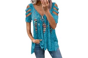 TIMEMEAN Shirts Femmes Chemise Tunique Découpée à épaules Dénudées Chemisier Fluide Imprimé Plumes à Col en V Et Fermeture à GlissièRe De Grande Taille
