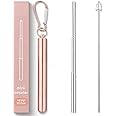 ANABGI Portable Reusable Drinking Straws with case| Collapsible & Foldable Telescopic Stainless Steel Metal Straw Dispenser | Long Cleaning Brush | Travel case Rose Gold with Hook- Pack of 1 Pcs