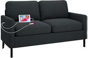 ‎GRAVFORCE GRAVFORCE Sofa 2 Sitzer mit 2 Ladeports und Seitentasche, Klein Couch 143cm Cloudserie Gemütliches für Jugendzimmer Wohnung Wohnzimmer Büro Couch aus Holz (Stoff, Dunkelgrau, Sofa)