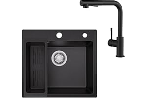 Sofetiy Fregadero de Granito Negro 50x45 cm con Grifo de Cocina Extensible Set, Fregadero de Cocina Cuadrado Empotrado con Filtro de Drenaje, Mezclador Negro de Acero Inoxidable, Lavabo de Cocina