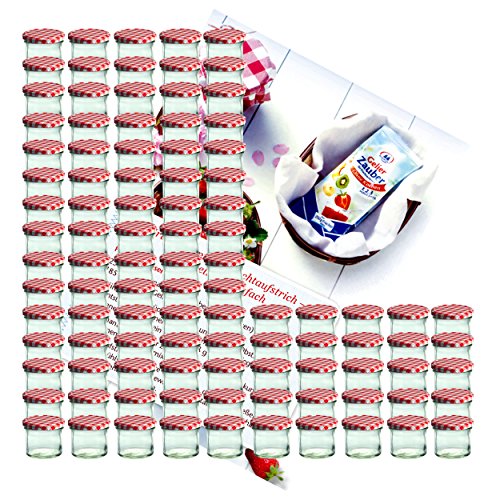 100er Set Sturzglas 125 ml Marmeladenglas Einmachglas Einweckglas To 66 rot karierter Deckel incl. Diamant-Zucker Gelierzauber Rezeptheft
