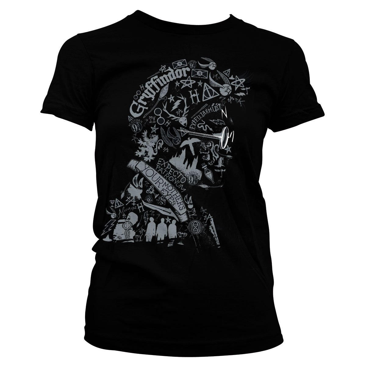 HARRY-POTTER-Offizielles-Lizenzprodukt-Wordings-and-Symbols-Damen-T-Shirt-Schwarz-Medium
