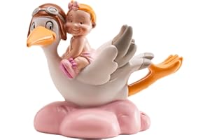 dekora - Figura de Resina para Tarta de Bautizo | Decoración de Pastel para Baby Shower y Bautizo de Niña | Cigüeña con bebé rosa | Cake topper resistente y bonito (10cm)