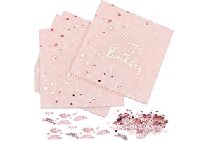 JOJOR 32 Stück Servietten Geburtstag Rosegold, Happy Birthday Servietten Rosa, Geburtstagsservietten Rosegold 33x33cm Servietten Geburtstag für Frau Mädchen Geburtstag Party Deko