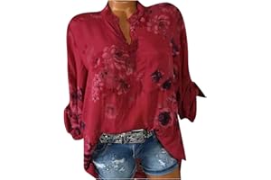 Wtouhe Femme Hauts Lâche Chemisiers Été T-Shirt 2021 Pas Cher Manches Courtes/Longues Col V Bouton Décontractée Mode Vrac Tee Shirt Floral Impression Casual Tops Chic Blouses Cadeau Nouveau Vente