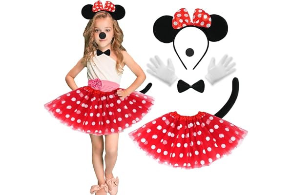 ACWOO Mimmi flicka kostym, prickig tutu prinsessa med mus-öronband, handskar, fluga, näsa, svans, Minnie kostymer för maskeradfest, jul, Halloween, Karneval