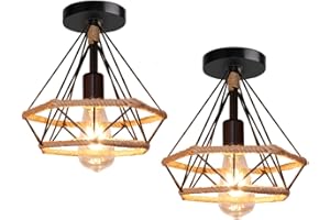 iDEGU Lot de 2 Luminaire Plafonnier Industriel, Lustre Vintage Abat-jour Cage Diamant en Métal et Corde de Chanvre Lampe de Plafond E27 pour Salle à Manger Salon Cuisine, Ø25cm, Noir