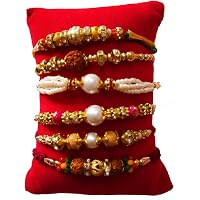 DMS Retail Multicolor Different Pattern Pearl Wooden Beads Rudraksh Rakhi for Brother with Roli Chawal Bhaiya Bhabhi Rakhi Rakhi Set for Brother Pack of 6 Rakhi