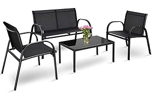 RELAX4LIFE Set di 4 Mobili da Giardino con 2 Sedie, 1 Panchina e Tavolino in Vetro, Struttura in Ferro Robusto e Tessuto Impermeabile Anti-UV, per Terrazza, Piscina o Soggiorno (Nero)
