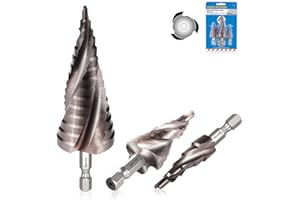 3PCS HSS Step Drill Bit Sets, SS SHOVAN 3-Flute Spiral Grooved Metal Drill Bits Cone Cutter Metric 4-32mm, 1/4" Hex Shank, Titanium Coated Hole Cutter for Sheet Metal, Plastic