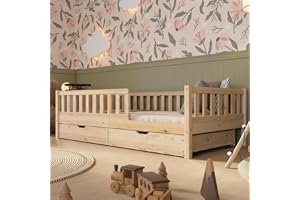 Crazy Pine Barnsäng med lådor 90x200 cm – Montessori-säng i naturträ med fallskydd, extra förvaringsutrymme och avtagbar barr