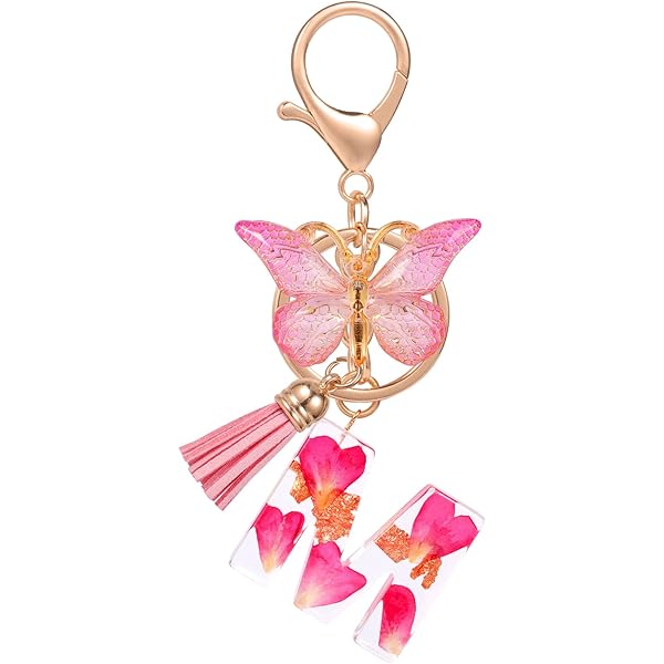 PLUSHCEWT Portachiavi Con Iniziale In Resina E Nappa Rosa - Glitter E Cuoricino - Accessorio Borsa Fashion - 5
