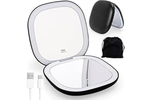 IGUGI Specchio Portatile con Luce LED,Specchio Ingranditore 1X/10X,Regolabile Luminosità Mirror da Borsetta,per Trucco Precisa, Depilare Sopracciglia,Pinzare,Eliminare Punti Neri,Portatile,Nero