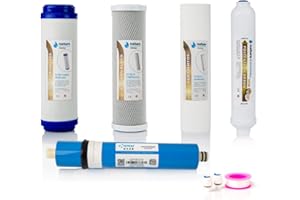 Kit de 4 Filtros para Osmosis Inversa Estándar - Incluye Membrana Vontron 75GDP para Equipo de 5 Etapas Universal, Conectores y Rollo Teflon - Nature Water Professionals