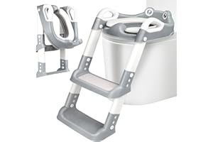 OUXAYAPL Reducteur Toilette Enfant, Réducteur WC avec Marches, Rehausseur Toilette Enfant avec Coussin PU, Hauteur Réglable et Pliable, Antidérapant, Adaptateur Toilette pour Garçons et Filles (Blanc, Gris)