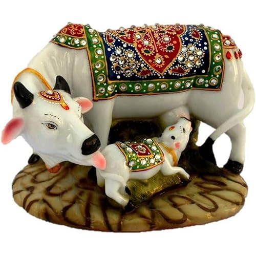 J JIYANSH CREATION Creation Dust Polyresin Decorative Marble Kamdhenu Cow and Calf Big Handcrafted Statue, 6-inch, Multicolour.