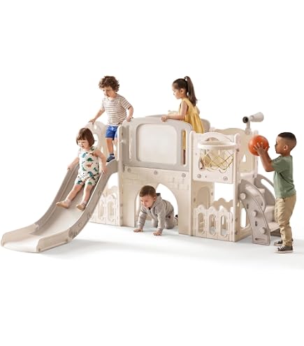 Joyz Ensemble Toboggan et Balançoire Enfants 6 en 1 avec Structure d' escalade, Panier de Basket, Télescope et Tunnel, Aire de Jeux Intérieure et Extérieure, Dès 3 Ans, en Plastique HDPE Vert Clair