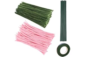 JIHUOO 200 Pcs Pipe Cleaners Craft Supplies for Flowers Chenille Stems Pipe Cleaner Flower Craft Kit Twistable Stems Fuzzy Sticks with Floral Wires and Tape Green Pink