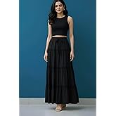 SLF INDIA Women's Rayon Full Length Maxi Skirt | Solid Black & White Regular Fit Skirt with Elasticated Waistband and Drawstr