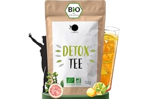 ‎ORIGEENS BIO DETOX TEE ZUM ABNEHMEN 150g, 60 Tassen - Heiß & Eistee - Bio Loser Tee mit Grüner Tee, Mate Tee, Zitronengras, Brennnessel, Ingwer und Zitrone - Verpackt in Deutschland