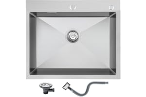 KEOKBON 60 x 50cm Spülbecken Rechteckig, Edelstahl Waschbecken Küche Einbauspüle mit Über- und Siphon/Ablaufschlauch, mit Überlaufloch, 2 Befestigungslöcher(35mm, 28mm)