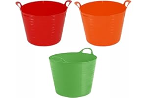 M1SS Set of 3-42L Litre Flexi Red, Lime green, Orange - Robust Versatile Multipurpose Large Flexi Tub Garden Home Flexible Plastic Storage Container Bucket Trug Horse Feeder Flex Tub- MADE IN UK