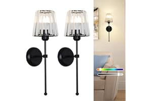 Stepeak Battery Operated Wall Lights Set of 2, Rechargeable Wall Lights Indoor with USB RGB Bulb & Remote, Black Glass Wireless Wall Light Sconce, Battery Operated Wall Lamp for Bedroom Living Room