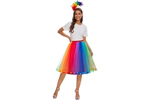 WELLCHY Jupe Tulle pour Femme, Taille Haute, Jupes en Tulle Arc-en-Ciel + Bandeau à Plumes Colorées, Vêtements de fête pour Femme, Costume pour Carnaval, Fierté, Halloween, Cosplay