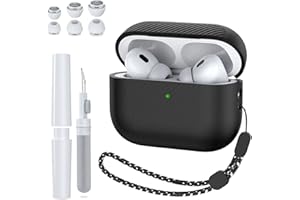 [4 in 1] Silikon Hülle für AirPods Pro 2,MOWYEOK Kratzfeste Hülle aus weichem Silikon Mit Schlüsselband,3 Paar Ohrkappen,Reinigungsstift,Für Apple Airpods Pro 2[Front-LED sichtbar] - Schwarz