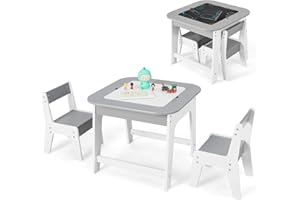 GYMAX Kids Table and Chair Set, Children Activity Desk with Removable Blackboard/Whiteboard Tabletop & Hidden Storage Space, Wooden Toddler Furniture Set for Drawing Playing Learning (Grey+White)