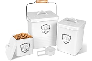 Zvonema Juego de 3 recipientes de comida para mascotas, recipiente de metal para comida para mascotas con tapa y pala, hermético, para perros y gatos, color blanco